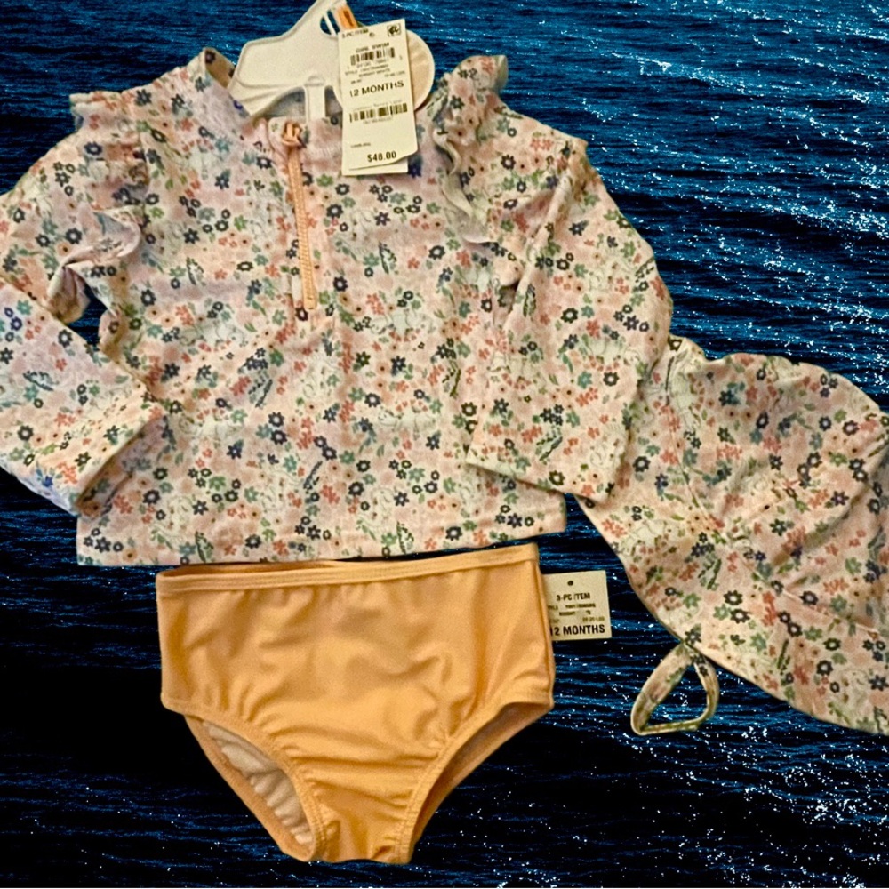 NWT Swim 3 pc UPF 50 Bathing Suit Rash guard LS Top Bottoms & Hat 12m Retail $48